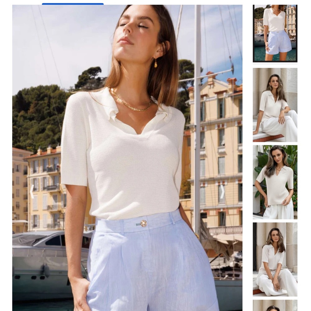 Women’s Cream Short-Sleeve Knit Blouse with Scallop V-Neck